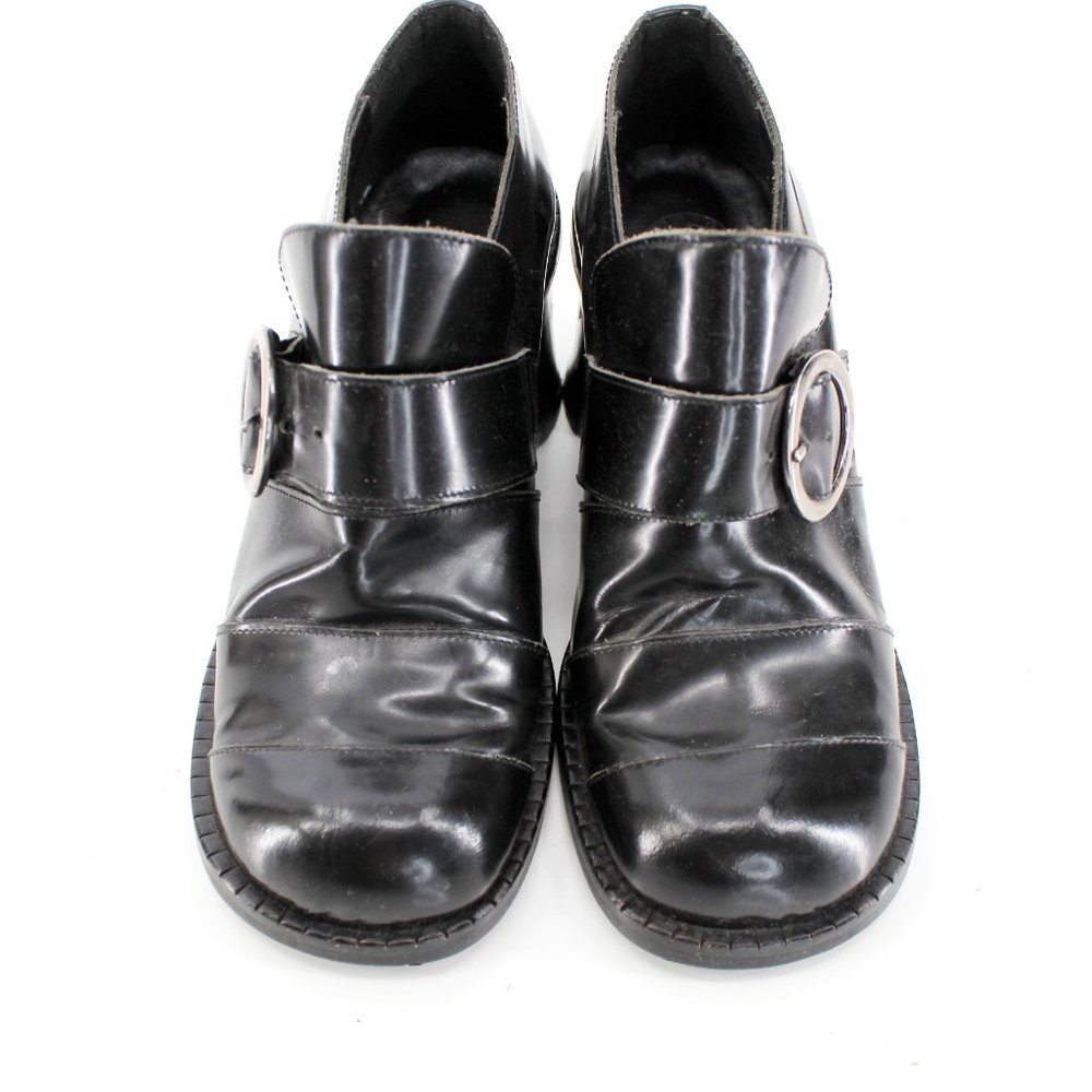 VTG 90s Black Leather Heeled Loafers Chunky Buckle Strap Shoes Italy Size 6.5/7 - Picture 4 of 12